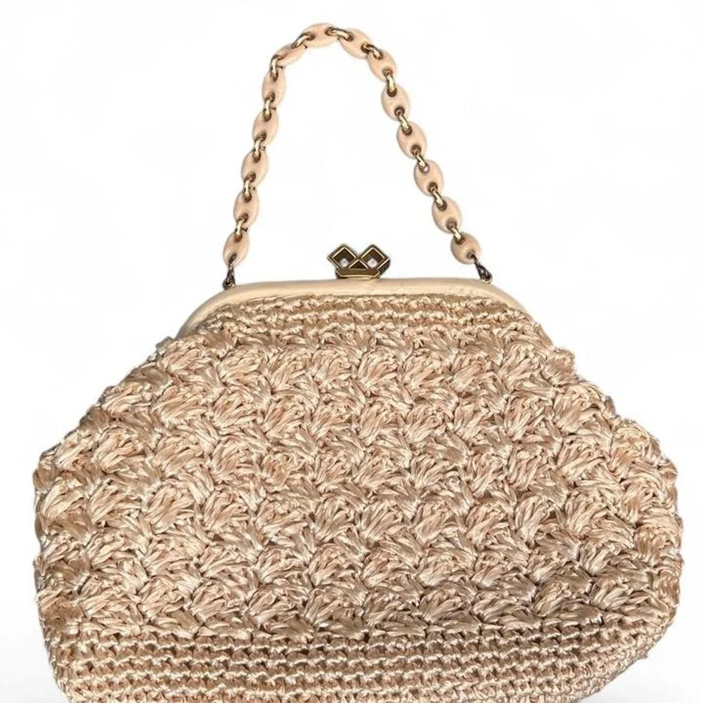 Vintage Raffia Crochet Frame Handbag Cream Woven Granny Coastal Bohemian